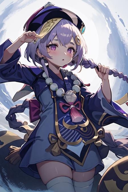 best quality, masterpiece, highres, solo, {yukata:1.40}, {kimono:1.20}, {qiqi_genshin:1.15}, purple_hair, bangs, hat, ofuda, qing_guanmao, hair_ornament, purple_eyes, jewelry, jiangshi, necklace, beads, bead_necklace, coin_hair_ornament, purple_headwear, long_hair, braid, hair_between_eyes, blush