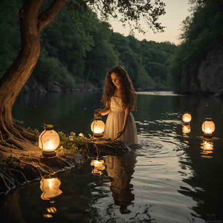 A woman with long, curly brown hair and warm, golden skin stands at the edge of a tranquil river, surrounded by softly glowing lanterns that float on the water's surface, their gentle light casting a warm ambiance across the scene, the woman's eyes cast downward, lost in thought as she holds a delicate, antique glass bottle, its surface etched with the remnants of a shipwreck, the bottle's cork removed, releasing a swirling vortex of memories that take the form of tiny, glowing orbs that dance around her, the river's calm surface reflecting the soft glow of the lanterns, the surrounding environment a mix of rugged, rocky shores and lush, green vegetation, with twisted tree roots and vines snaking down into the water, the air filled with the sweet scent of blooming flowers and the soft, melancholic sound of a lone instrument drifting across the river.,