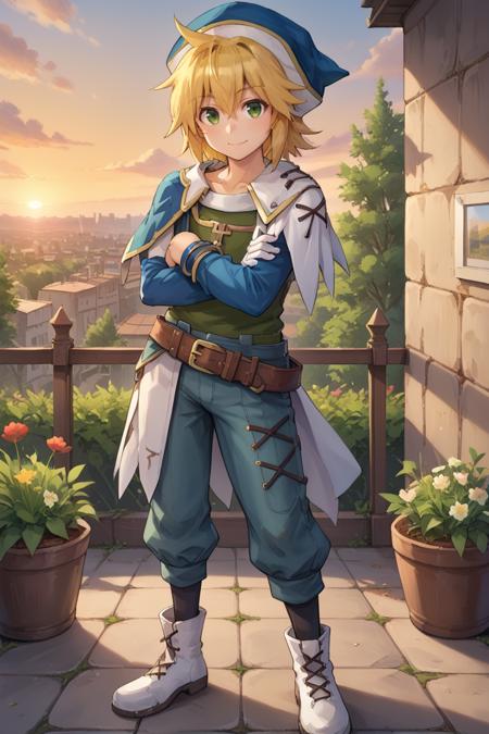 crdef, 1boy, green eyes, blonde hair, medium hair, hat, blue headwear, asymmetrical clothes, cross-laced clothes, side cape, white side cape, white gloves, mismatched sleeves, green sleeve, blue sleeve, blue bracelet, green shirt, baggy blue pants, belt, shoulder belt, black socks, white boots,