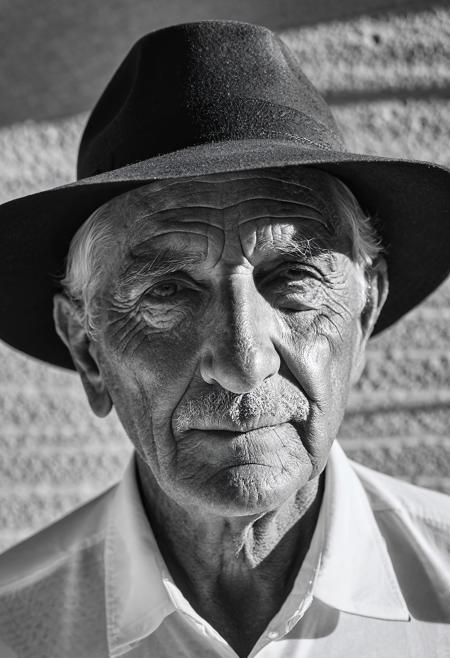 B&W headshot, a 75yo italian man, light filtering through a hat's brim, casting intricate shadows on the face