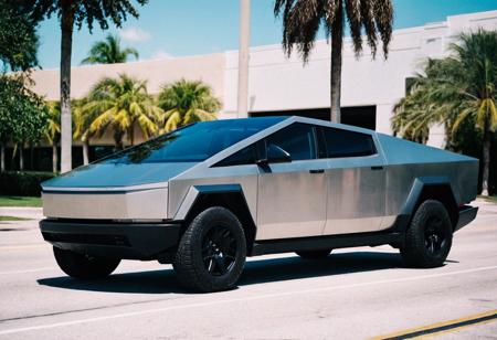 cybertruck gleaming, side front view, sunny Miami avenue, palm trees, 4K, highly detailed, stylish grainy analog 35mm film photo