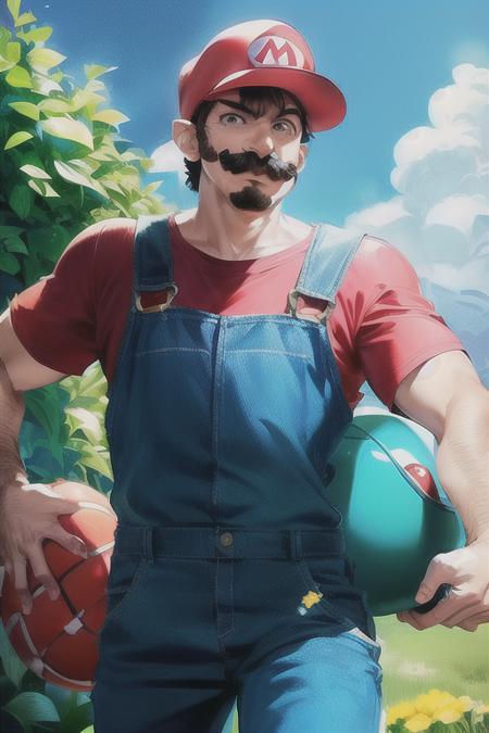 <lora:SuperMario:0.4>
1man supermario in blue overalls and a red tshirt, mustache, with a green shell running, cloudy day, green bushes