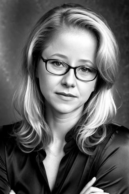 <lora:SilviaSeidelSD:0.8> silviaseidel, woman, highly detailed, professional portrait, face, shallow depth of field, soft light, blonde hair, medium hair, gradient background, monochrome, small glasses,