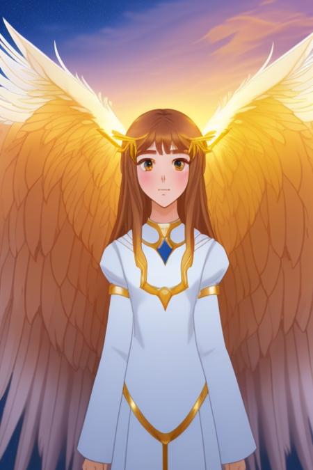 masterpiece, best quality, beautiful lighting, 1girl, solo, long hair, straight hair, breasts, lips, blunt bangs, small breasts, (extremely detailed CG unity 8k wallpaper), intricate, high detail, sharp focus, dramatic, beautiful girl, (school girl uniform), sunset, indoors, (school classroom, angel wings, mechanical halo, feathers falling from sky:1.4),