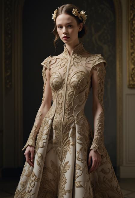 Roku WildCards/Dreamshaper Quality, <lora:Alexander McQueen-art nouveau fashion embroidered:1>,Alexander McQueen,art nouveau,fashion embroidered,<lora:Abstract Concept-1girl:0.8>,concept art,1girl,<lora:LetThereBeLight:0.2>,Beeple,3 / 4 lighting,