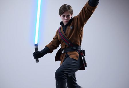 A cinematic photorealistic render of a person in a dynamic action pose, wearing a highly detailed Star Wars-themed costume. The costume features a brown jacket with a red and black sash, black pants, black gloves, and black boots. The textures are incredibly lifelike, showing fine stitching and fabric wear. In their right hand, a blue lightsaber glows intensely, casting captivating lighting on the figure and the environment. They stand against a stark, clean white wall background. Captured with impeccable composition using the Golden Ratio, a creative angle emphasizes the dramatic movement. This is a well-timed moment, rendered in high-res 4K with exceptional quality, lifelike details, super detailed face and eyes, handcrafted with precision. Rendered in the style of Octane Render and Unreal Engine 5, Trending on ArtstationHQ, CGSociety.