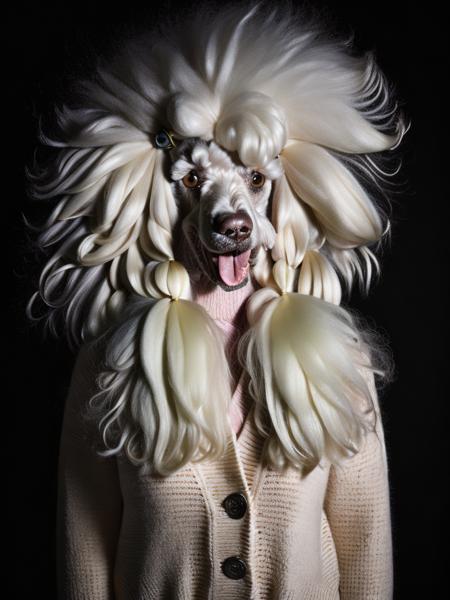 <lora:AnimalClothes:1>a poodle wearing a sweater and a wig