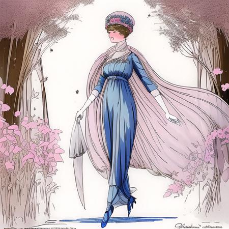 <lora:fashion (1):1> fashion plate, edwardian, 1914, 1910s, french, paris, 1girl, solo, walking, blue dress, art nouveau, flowers, white gloves, white background, long gloves, evening dress, ruffled dress, pink cloak, anime, magazine, forest, scarves, neck down view