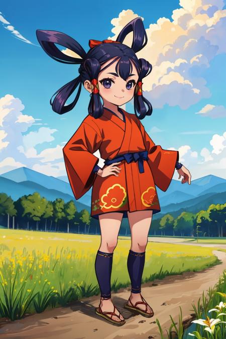 sakunaRR, kimono, hair rings, sandals sakunaRR, japanese clothes, hat, black pants, puffy pants, long sleeves, wide sleeves, kimono, hair rings, brown footwear