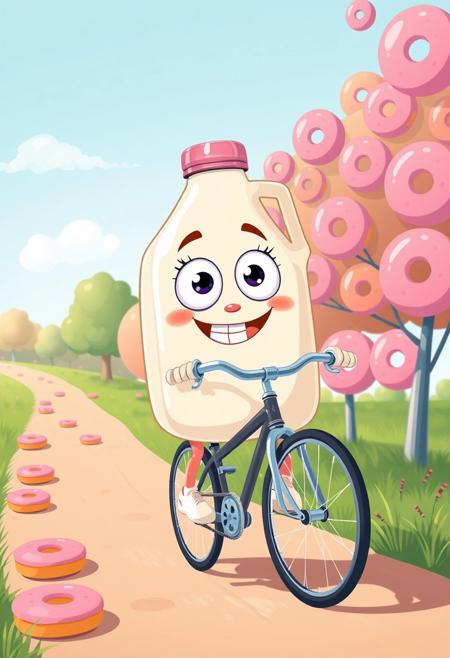 A playful, anthropomorphic milk jug with big eyes and a grin, riding a bicycle on a path lined with pink donuts, illustration in the style of BRSH