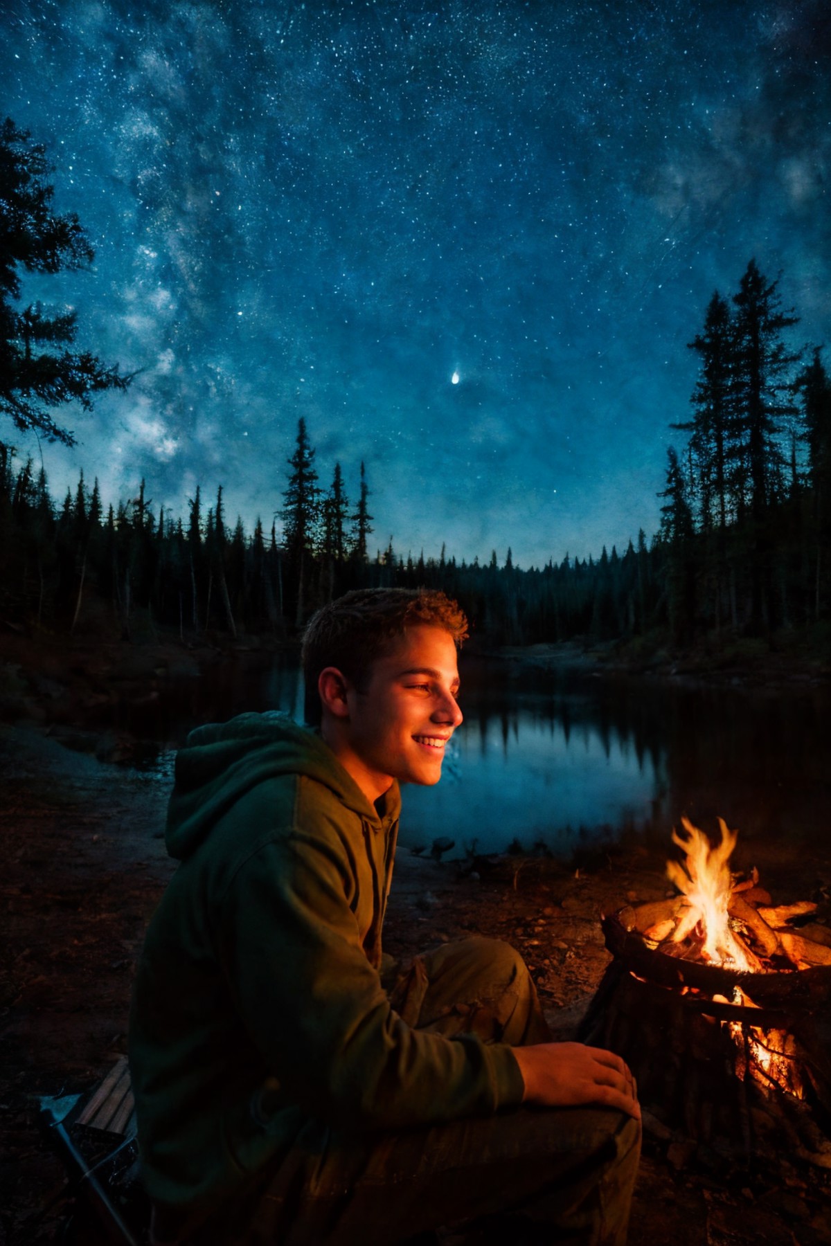 Outdoors nighttime, solo, focus on 1man, 20yo slim dg_ShawnPyfrom, wearing hoodie, sitting in front of a campfire, relaxed...