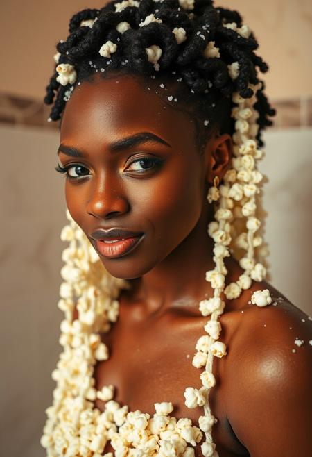 full body candid photograph of beautiful 30yo Senegalese woman taking a shower of pop corn, fluffy white popcorn covering her hair and body, she winks at the viewer, inside a warm, marble tile bathroom
