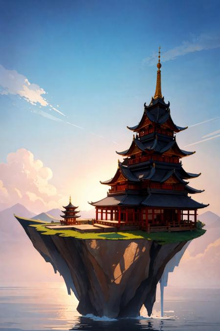 best quality, masterpiece, kingdom on a floating rock, mystery, discovery, asian architecture