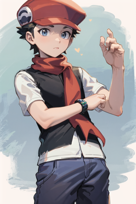 masterpiece, best quality, <lora:LucasLora:0.7>, 1boy, solo, lucas \(pokemon\), red headwear, black shirt, short sleeves, vest, red scarf, blue pants