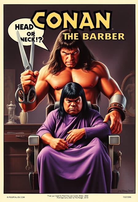 Create a fake B-Movie VHS cover art of a movie called (CONAN THE BARBER) with the title written at the top in iconic Conan font, the cover features features the iconic Conan, Conan the Barbarian is seen holding comically oversized scissors and saying in a single speech bubble ("HEAD OR NECK!?"), Conan is seen standing behind and towering over a barber chair facing the camera with a client sotting in the chair waiting to get their hair cut, the client is a dark skinned pudgy worried man with long black hair wearing purple evil wizard robes, the expression on Conans face is extreme anger and the extremely dramatic lighting of the scene is directly coming from above him, the cover gives 80s vibes with slightly washed out colors and is despite its silliness very well rendered and extremely detailed.