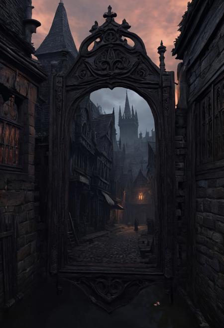 the city of Yharnam, the city of Yharnam is inside the small mirror, The small mirror is centered, bloodborne, The mirror is small, The mirror borders are plain, twilight, Don't be real, oil painting, done with japanese brush technique, realistic, extreme detail, scary, terrifying, dark and warm environment, 8k, looking at viewer, looming, Comic style
<lora:add-detail-xl:1> <lora:xl_more_art-full_v1:0.5>  <lora:looking_at_viewer:2>