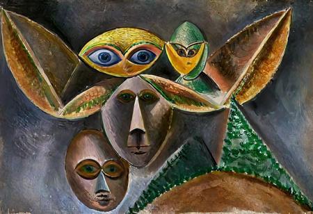 p1c4ss0, seraphins, mystical creature with hundreds of eyes and wings, roswell alien with yellow christmas hat delivering presents with santa riding a ufo sleigh, 1908 Trois femmes