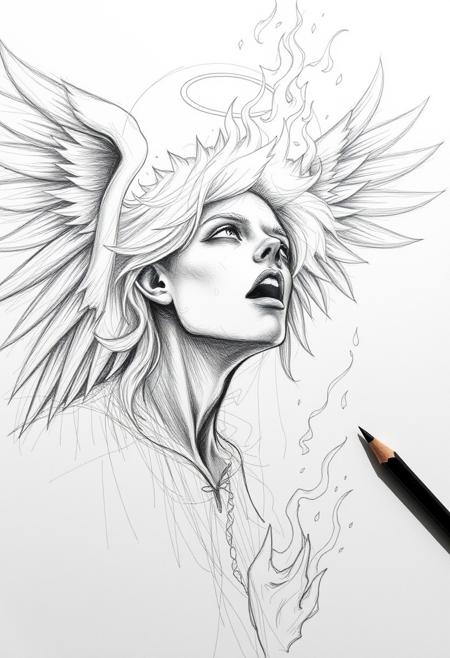 Pencil sketch portrait of a fallen angel, burning in hell fire. Fine lines minimalistic monochrome sketch drawing. Pencil skretchs everywhere on the paper.