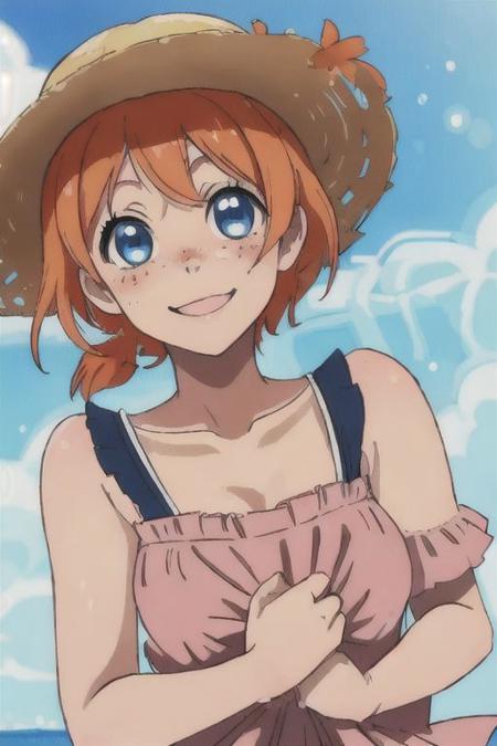 blue eyes, orange hair, 1girl, freckles, Miharu_Imai, MiharuImai, pink sundress, sunhat, smiling, blushing