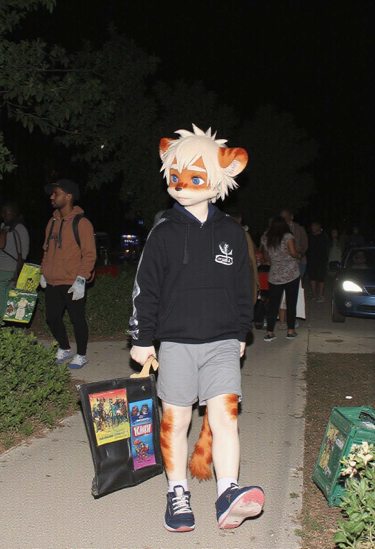 milkytiger, tiger ears, tiger boy, white eyebrows, white hair, blue eyes, 1boy, solo, furry, 2d Art, walks in a park at night with a sign "I demand a Really Super Gay Lora. Therefore, give me Buzz", milkytager he has tiger ears and orange fur, has blue eyes, He is wearing a black sweater and grey shorts, young, white hair