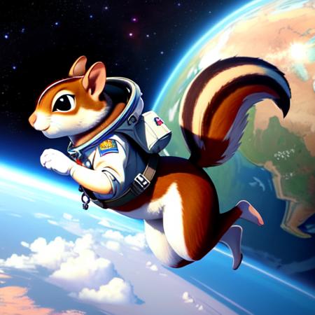 (best quality: 1.2), (masterpiece: 1.2), (realistic: 1.2), whimsical scene featuring a squirrel astronaut floating in space, with Earth in the background, on eye level, scenic, masterpiece