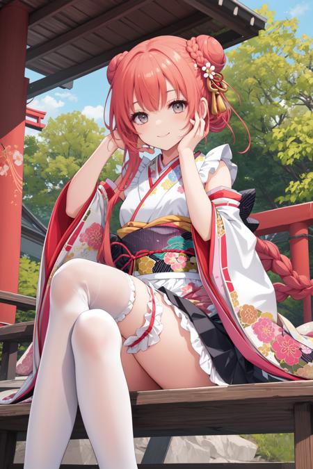 pixai,  intricate details, highres, best quality, HDR,
dynamic pose,
<lora:add_detail:0.1> ,<lora:outline:-0.1>,
outdoor,
smile,
(Sitting with legs crossed at ankles),
(hand on own face:1.2),
BREAK,
braided bun hair,
orange color  hair,
black  eyes,
(small breasts:1.1),
 <lora:cute_kimono_N_V1_1-000010:0.8>,
frills, japanese clothes, hair flower,wide sleeves, kimono, white thighhighs, zettai ryouiki, floral print, skirt,detached sleeves, 
apron,