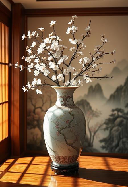 Still life of a large, ornate ceramic vase with delicate cherry blossom branches, set against a traditional Asian-inspired background with a soft mountain landscape mural. The vase has intricate floral patterns in soft pastels, placed on a polished wooden surface. Warm, natural light streams in, casting gentle shadows, creating a calm and sophisticated atmosphere, in a traditional interior design style
