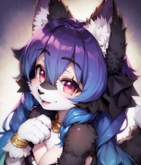 (fluffy anthro furry:1.3), furry raccoon, (Michiru:1.1), small breasts, 1girl, solo, blue hair, (multicolored eyes:1.3), fox ears, portrait<hypernet:furry_kemono:0.75>