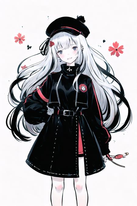 longan,1girl, solo, hat, long hair,white background, white hair, looking at viewer, long sleeves, jewelry, black headwear, earrings, smile, hair ornament, open clothes, red nails, belt, bangs, red flower, dress, hairclip, flower, day, standing, nail polish, rose, cowboy shot, coat, building, black dress, parted lips, black coat, breasts, blush, brown eyes, hand on headwear, hair between eyes, open coat, red rose, very long hair, peaked cap, jacket, open jacket, plant, black jacket, orange eyes, medium breasts, grin, sidelocks, black belt, spot color, <lora:longan-pynoise:1>