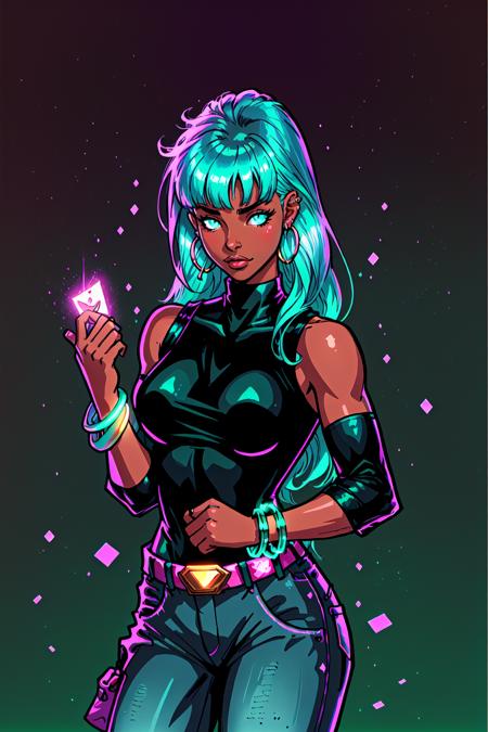 Wave Art Style,  1girl,  aqua eyes,  aqua hair,  bangs,  belt,  blunt bangs,  bracelet,  card,  cowboy shot,  dark skin,  dark-skinned female,  earrings,  glowing,  gradient,  gradient background,  holding,  hoop earrings,  jewelry,  long hair,  pants,  female_solo, <lora:EMS-49798-EMS:0.800000>