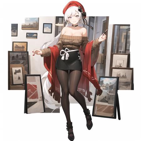 (best quality, masterpiece, detailed:1.1), <lora:belfast512-128-128batch3:1>, belfastpoki ,1girl ,aran sweater ,beret ,black pantyhose ,black skirt ,brown sweater ,choker ,cleavage ,earrings ,hat ,hoop earrings ,jewelry ,nail polish ,off-shoulder sweater ,off shoulder ,pantyhose ,pencil skirt ,red headwear ,red nails ,shawl ,silver hair ,skirt ,smile ,sweater ,very long hair
 <lora:standingFullBodyWithBackgroundStyle_v10Offset:1>, white background, full body, cafe, artstation, hdr, intricate details, rutkowski, intricate , detailed,