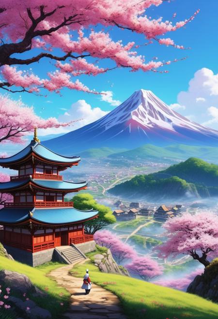 chef d'oeuvre, style anime, tranchant, pas d'humains, paysage parfait, montagnes, arbres cerisiers sakura en fleur, ruines, vibrant, coloré