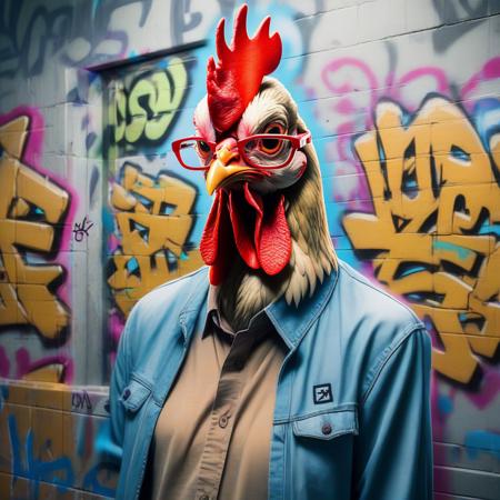 drawing of an anime chicken wearing glasses in front of a wall covered in graffiti, <lora:UrbanGraffiti:1>, UrbanGraffiti , cinematic light, (masterpiece:1.3), (intricate:1), best quality,