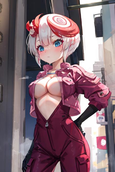 tepaste, short hair, white hair, multicolored hair, red hair, bangs, blue eyes, cropped jacket, pink jacket, red jumpsuit, cleavage, embarrassed, standing, city <lora:tepaste-000005:1>