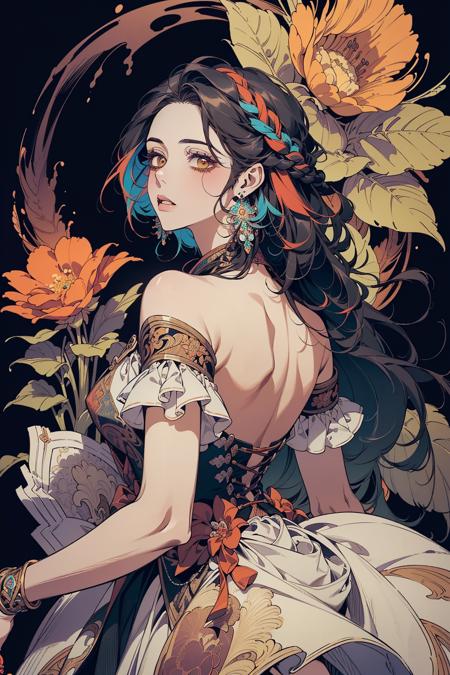 (masterpiece, top quality, best quality, official art, beautiful and aesthetic:1.2), (1girl, mature:1.3, aged up:1.3), long hair, black hair, braid sidelocks, extremely detailed,(fractal art:1.1),(colorful:1.4)(flowers:1.3),highest detailed,(zentangle:1.2), (dynamic pose), (abstract background:1.3), (shiny skin), (many colors:1.4),(earrings:1.4), (feathers:1.4), cowboy shot