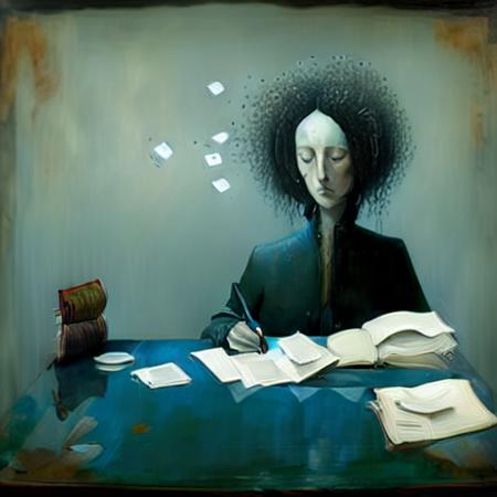 a woman sitting at a table studying books <lora:DarkSurrealismAI:1>