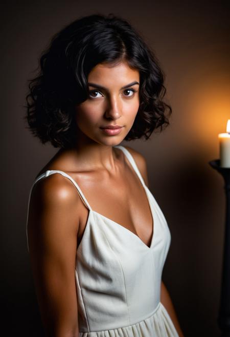 The beautiful tanned-olive-skin ((Greek woman)) ((Black hair))  age 22, hyper realistic, clear focus, photo-real, hyper-realistic:1.5, 8k, amazing details, striking eyes, perfect face, sharp focus, photo-real, (curling short hair:1.5), SFW, serene, calm, (beautiful face), wearing a vintage white cotten dress, (dark room in background), dark nighttime, holding a candle is only light source, ((spotlight, dark theme, silhouette)), ((dramatic shadows and subtle highlights)), warm tones, soft focus, atmospheric lens,
