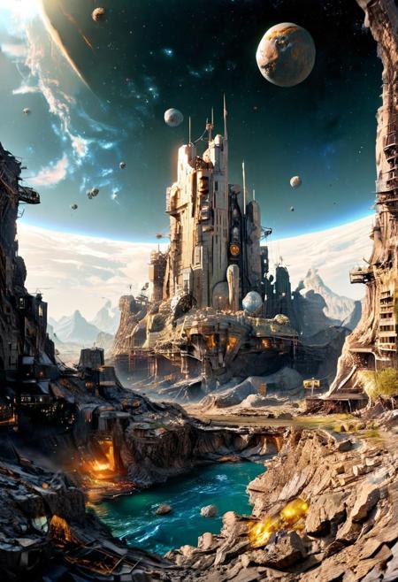 space fortress orbiting an asteroid belt