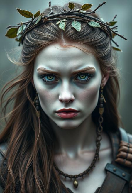 the forest Princess, serious face expression, beautiful, perfect makeup, extremely beautiful, green eyes, long brown hair, leather clothes, wood armour, tribal jewelry, branches and leaf crown, hyper realistic, ultra detailed, translucent white skin, white skin, mist, wind
