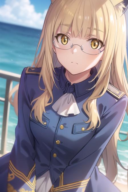 perrineclostermann, <lora:perrine clostermann anime-lora-nochekaiser:1>,
perrine clostermann, long hair, blonde hair, animal ears, (yellow eyes:1.5), glasses, dog ears,
BREAK uniform, military, military uniform, ascot, white ascot,
BREAK outdoors, ship, ocean, sun, sky, clouds,
BREAK looking at viewer, (cowboy shot:1.5),
BREAK <lyco:GoodHands-beta2:1>, (masterpiece:1.2), best quality, high resolution, unity 8k wallpaper, (illustration:0.8), (beautiful detailed eyes:1.6), extremely detailed face, perfect lighting, extremely detailed CG, (perfect hands, perfect anatomy),