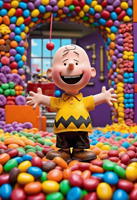 This image shows a happy Charlie Brown in a vibrant chocolate factory setting, surrounded by colorful sweets and treats, capturing a sunny day's joyful atmosphere.