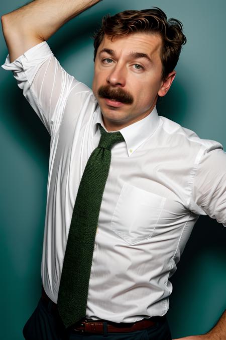 MikeWozniak in a white shirt and green tie, mustache, silly pose, arms up  <lora:MikeWozniakLora:1>