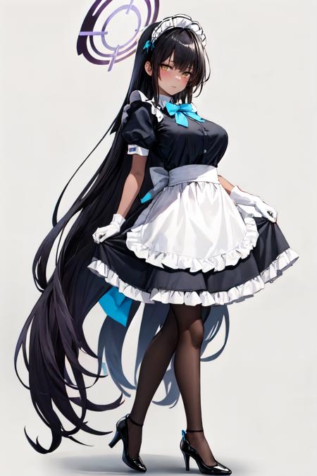 karin ba, blush, looking at viewer, white background, large breasts, maid, pantyhose, bowtie, puffy sleeves, standing, white pantyhose, frills, very long hair, halo, long hair, blue bow, 1girl, black footwear, simple background, white gloves, maid headdress, short sleeves, white apron, gloves, bow, solo, dress, apron, high heels, full body<lora:karin_ba:1>