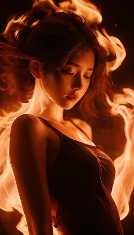 (fire element:1.1),composed of fire elements,(1girl:1.3),<lora:xl-shanbailing-1003fire-000010:0.75>,burning,transparency,fire,(molten rock),flame skin,flame print,fiery hair,smoke,cloud,(((a girl wrapped in flames soaring flames radiating sparks))),the burning hand,(white hair:0.85),(halter_dress:0.5),ultra wide,octane render masterpiece,ultra wide field,ultra dynamic lighting amazing shadows,Deep photo,depth of field,shadows,messy hair,seductive silhouette play,dark,nighttime,dark photo,grainy,dimly lit,shot on RED camera,harsh camera flash ((eyes closed)),small_breasts,