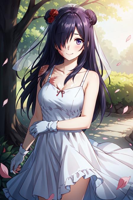 hanako, 1girl, solo, long hair, looking at viewer, black hair, purple eyes,  purple hair,  hair over one eye, scar, burn scar , <lora:hanako:0.55>
 short, solo, looking at viewer, medium breasts, blush, double buns, hair flower, hair ornament, white dress, wedding dress, detailed background, garden, hair between eyes, mob cap, red ribbon, roses, petals, frills, gloves, smile, falling petals, veil, happy, wind, holy light, lighting particle, glowing eyes, bloom, messy hair, hdr, painting, depth of field, art by greg rutkowski and artgerm, soft cinematic light, adobe lightroom, photolab, hdr, intricate, highly detailed, (depth of field:1.4)