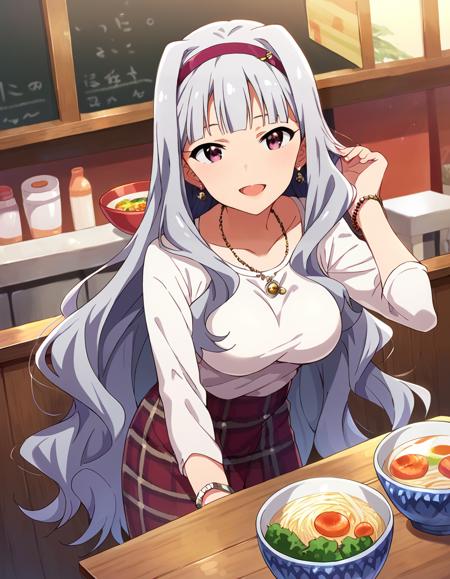 sjutkn, sjutkn, very long hair, grey hair, wavy hair, blunt bangs, hairband, purple eyes, large breasts,  score_9, score_8_up, score_7_up, source_anime,