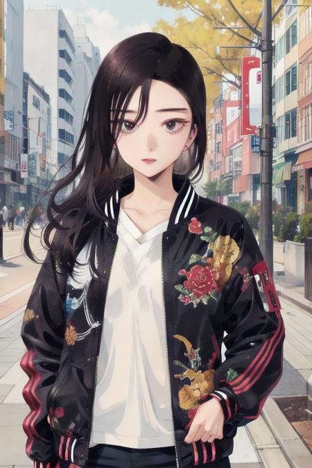 <lora:0005Kakira:1>,akira,black hair,black eyes,open_jacket,long hair,cigarette,