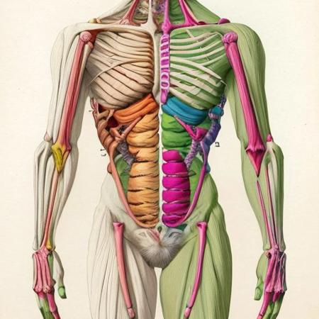 colorful illustration of  lthe skeletal system of the incredible hulk, arcane labels, visceral, art by anatomical-illustration, armpit