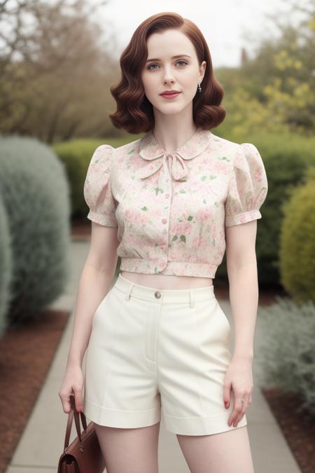High resolution photo of woman, floral top, pedal pushers, 1950s aesthestic, film grain, aged photo, rachelbrosnahan  <lora:rachelbrosnahan:0.8>