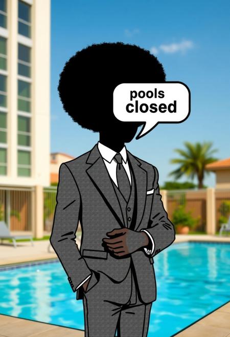 text bubble:"pools closed" warns a nicely dressed gentleman in a gray suit with a large afro